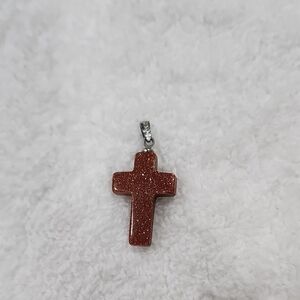18K GOLD PLATED BROWN GOLDSTONE CROSS PENDANT